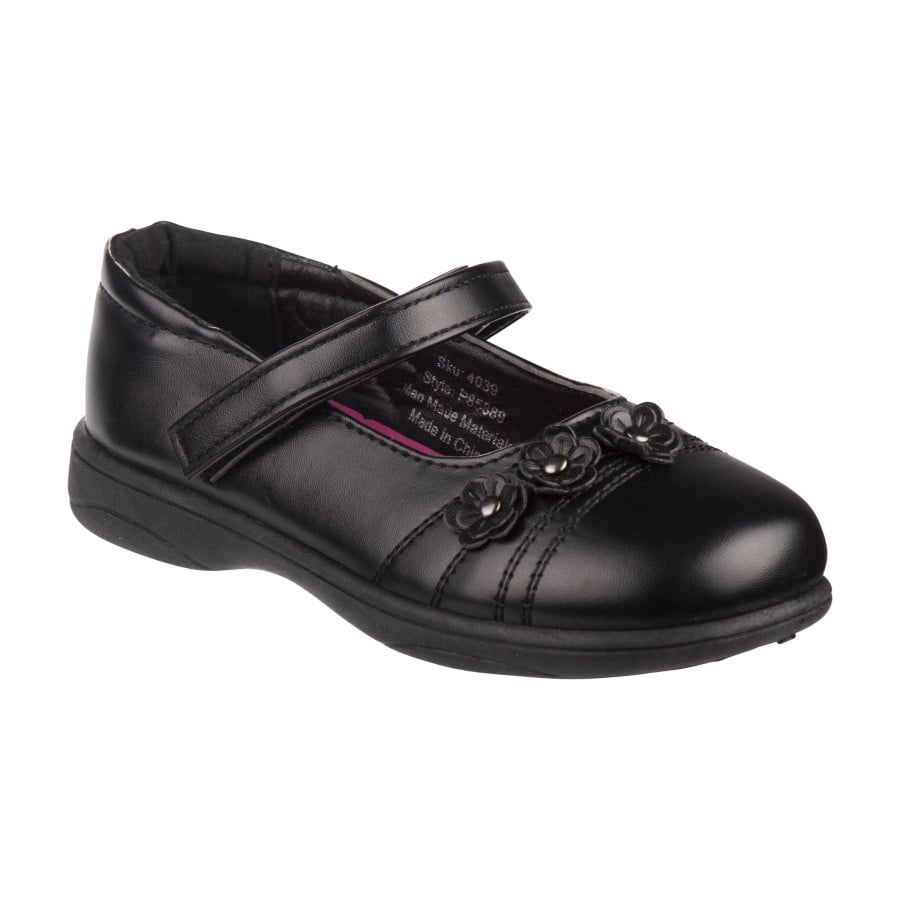 Girls' Faux Leather Floral Detail Hook & Loop Tween School Shoes - Black, 3