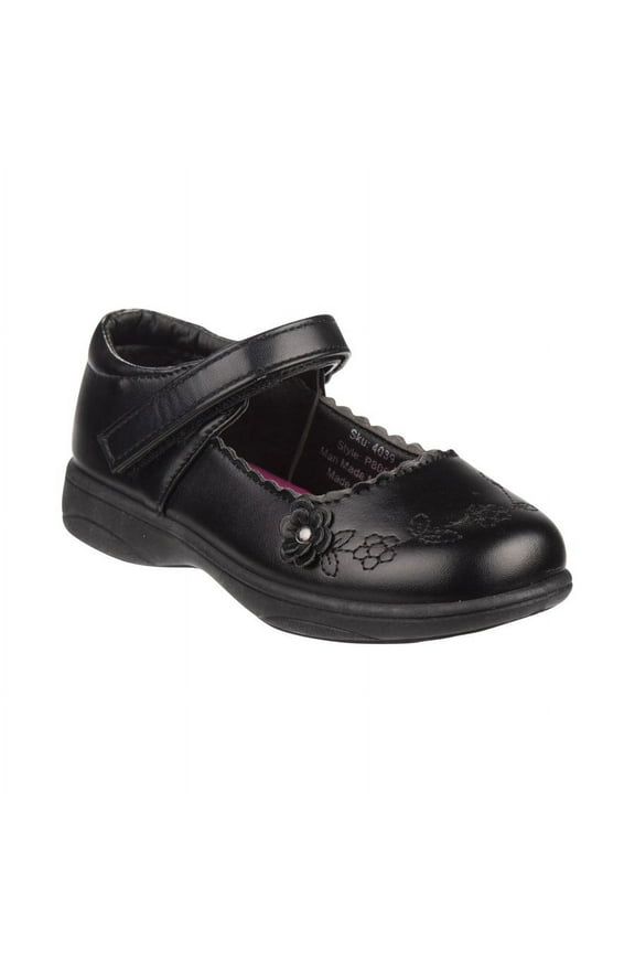 Petalia Girls' Toddler Floral Faux Leather Flat Heel School Shoes - Black - Flower Details, 6