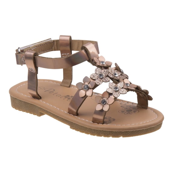 Petalia Gladiator Style Girls Open Toe Toddler Sandals with Glitter Flowers, Gold, 11