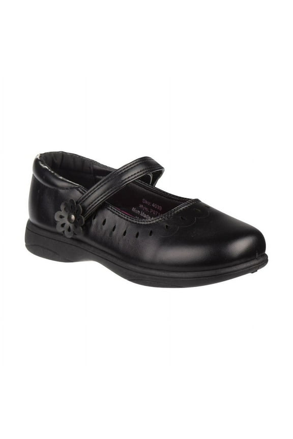 Little Girls' Hook & Loop School Shoes with Flower Detail - Black, 12