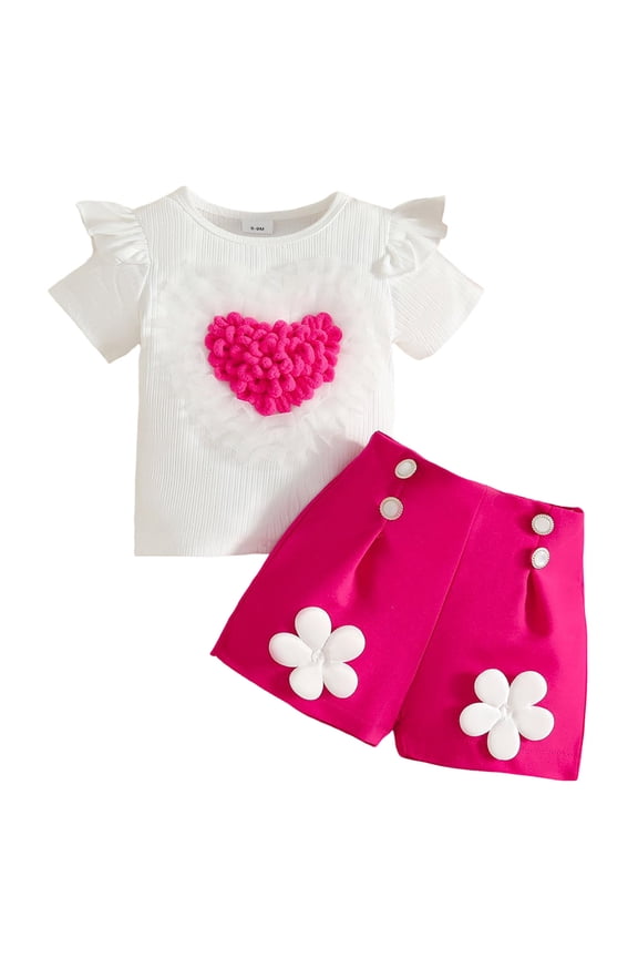 2PCS Infant Baby Girls Mock Neck Long Sleeve Plush Love Heart Ribbed Shirt + 3D Flowers A-line Skirts Sets (Hot Pink, 9-12 Months)