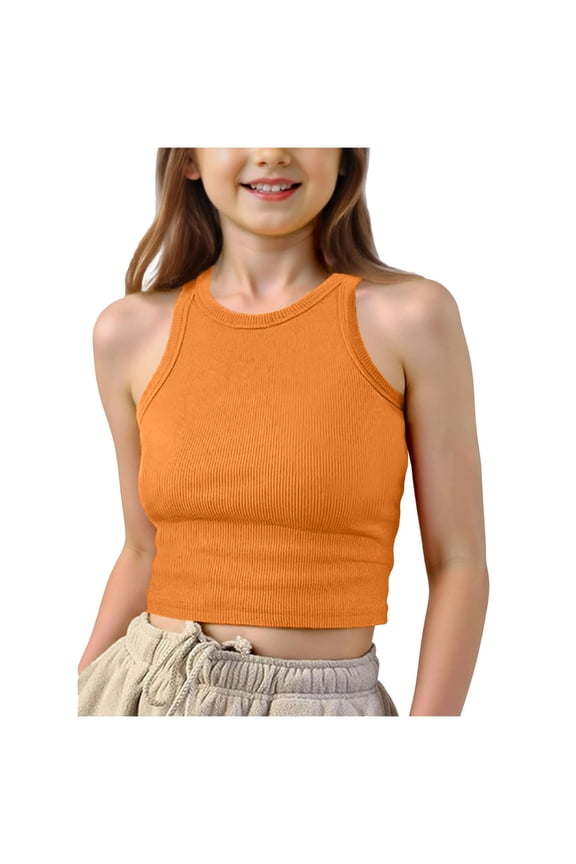 95% Cotton Crop Ribbed Racerback Tank Tops for Women Casual Summer Basic Cropped Tank Top Y2k Tops (Orange, 11-12 Years)