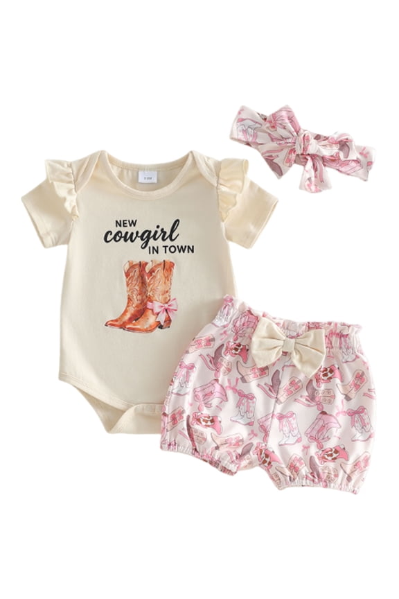 Baby Girl Summer Outfit Short Sleeve New Cowgirl in Town Romper Boots Print Shorts Newborn Cowgirl Clothes (Beige, 6-9 Months)