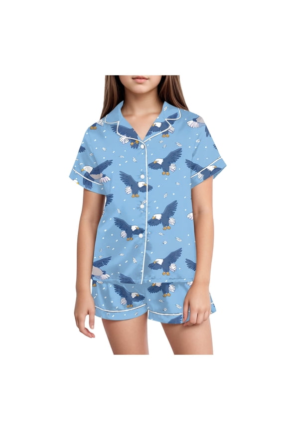 Gamer Gaming Womens Pajama Sets 2-Piece Short Sleeve Sleepwear Soft Satin Button Down Loungewear Pjs Shorts Set (Blue, 8-9 Years)