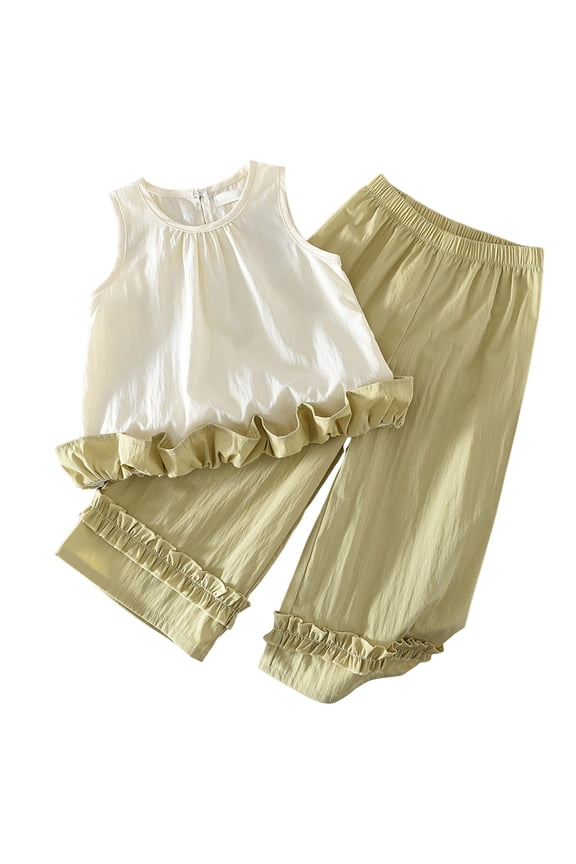 Girls Ruffle Clothing Set Sleeveless White Top and Sage Green Wide Leg Pants Summer Boho 2 Piece Outfit Cotton Clothes (Beige, 3-4 Years)
