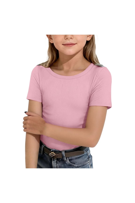 Girls Short Sleeved Shirts Ribbed Basic Crew Neck Slim Fit Tee Tops Plain Pullover Shirt Casual Comfy Clothes (Pink, 7-8 Years)