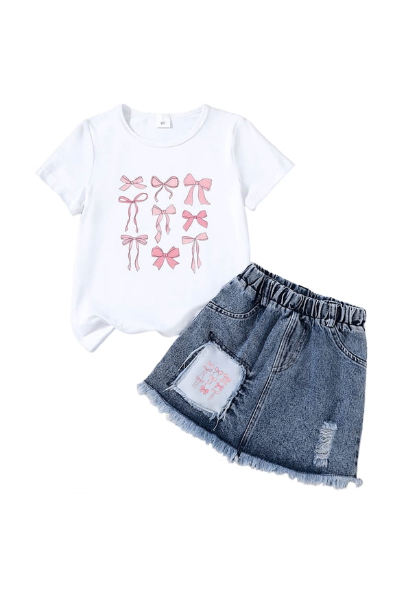 Kid Girls Clothes Outfits Cute Sweet Bowknot Print T-Shirt + Bowknot 2 In 1 Denim Short Summer Clothing Set (G, 2-3 Years)