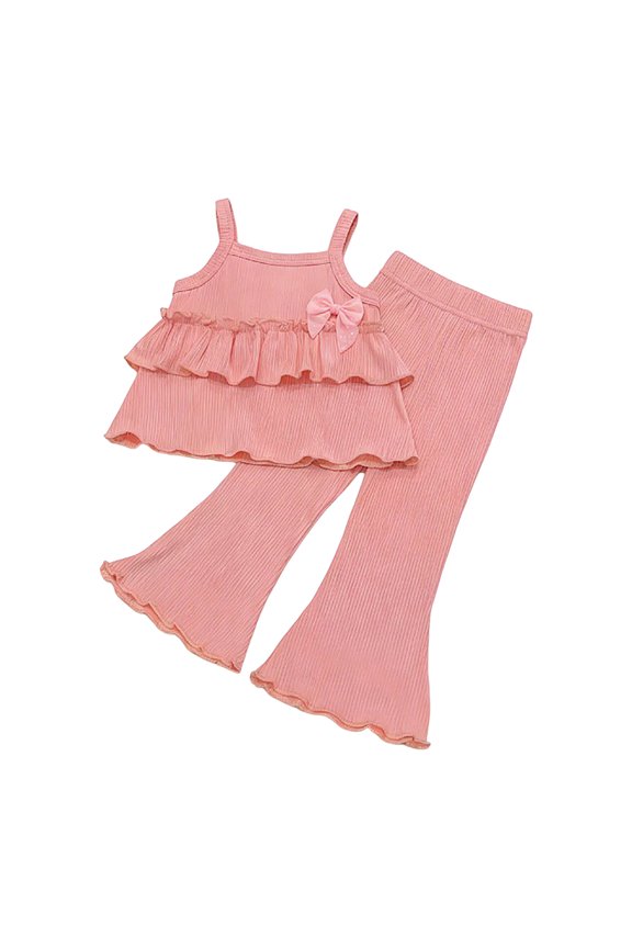 Toddler Girls Striped Summer Clothes Ribbed Knit Camisole Ruffle Tops Solid Flared Pants Sweet Baby Outfit 2Pcs Set (Pink, 8-9 Years)