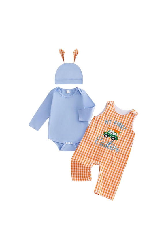 My First Easter Baby Boy Outfit Romper Bunny Carrot Embroidery Plaid Overalls Pants Ears Hat 3pcs Newborn Clothes (Green, 3-6 Months )