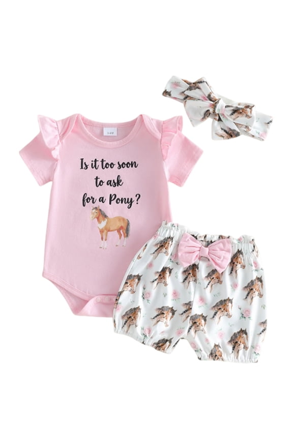 Newborn Baby Girl Western Outfits Cowgirl Summer Clothes Short Sleeve Letters Romper Boots Horse Shorts Headband (Pink, 12-18 Months)