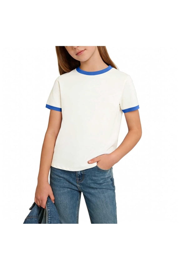 Ringer Womens Fitted Tee 70s 80s 90s Fashion Retro Tshirts for Women Crewneck Short Sleeve Custom T Shirts Vintage (Blue, 1-2 Years)