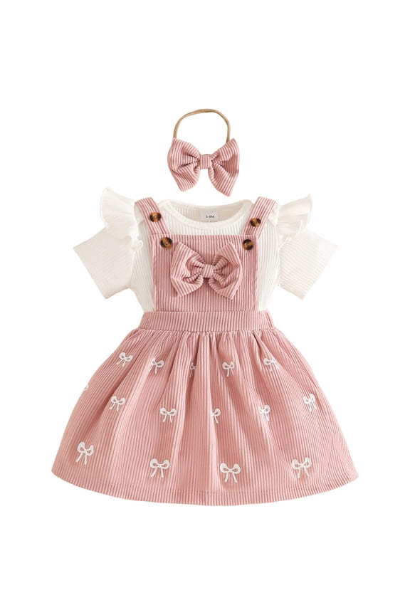 Toddler Baby Girl Outfits Long Sleeve Ribbed T-Shirt Bow Overall Dresses Suspender Skirt Set Fall Winter Clothes (Pink, 6-9 Months)