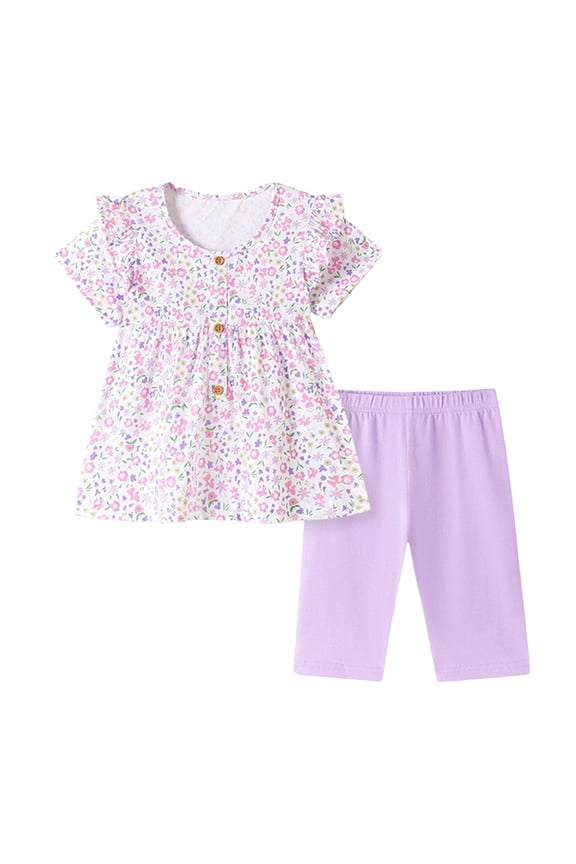 Toddler & Little Girl 2-Piece Set – Floral Flutter Sleeve Cotton Top and Light Purple Capri Pants for Everyday Wear (Purple, 2 Years)