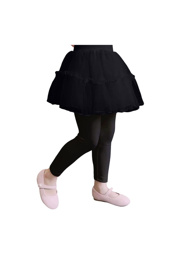 Tutu Skirt Leggings for Girls Toddler Leggings with 3-Layer Tulle Skirt Attached Soft Kids Princess Pants 2-8 Years (Black, 3-4 Years)