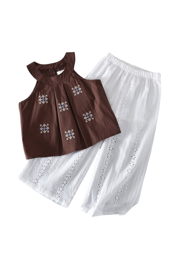 Women's Eyelet Embroidery Lace Trim Sleeveless Halter Blouse Summer Shirt Tops (Coffee, 3-4 Years)