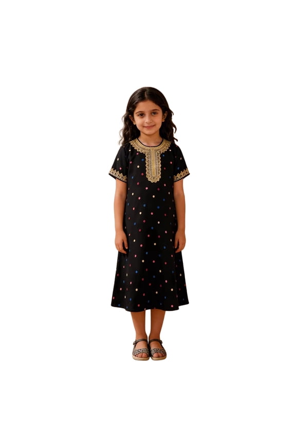 Womens Brocade Silk Tunic Kurti Top Formal Golden Embroidery Kurta Round Neck (Black, 5 Years)