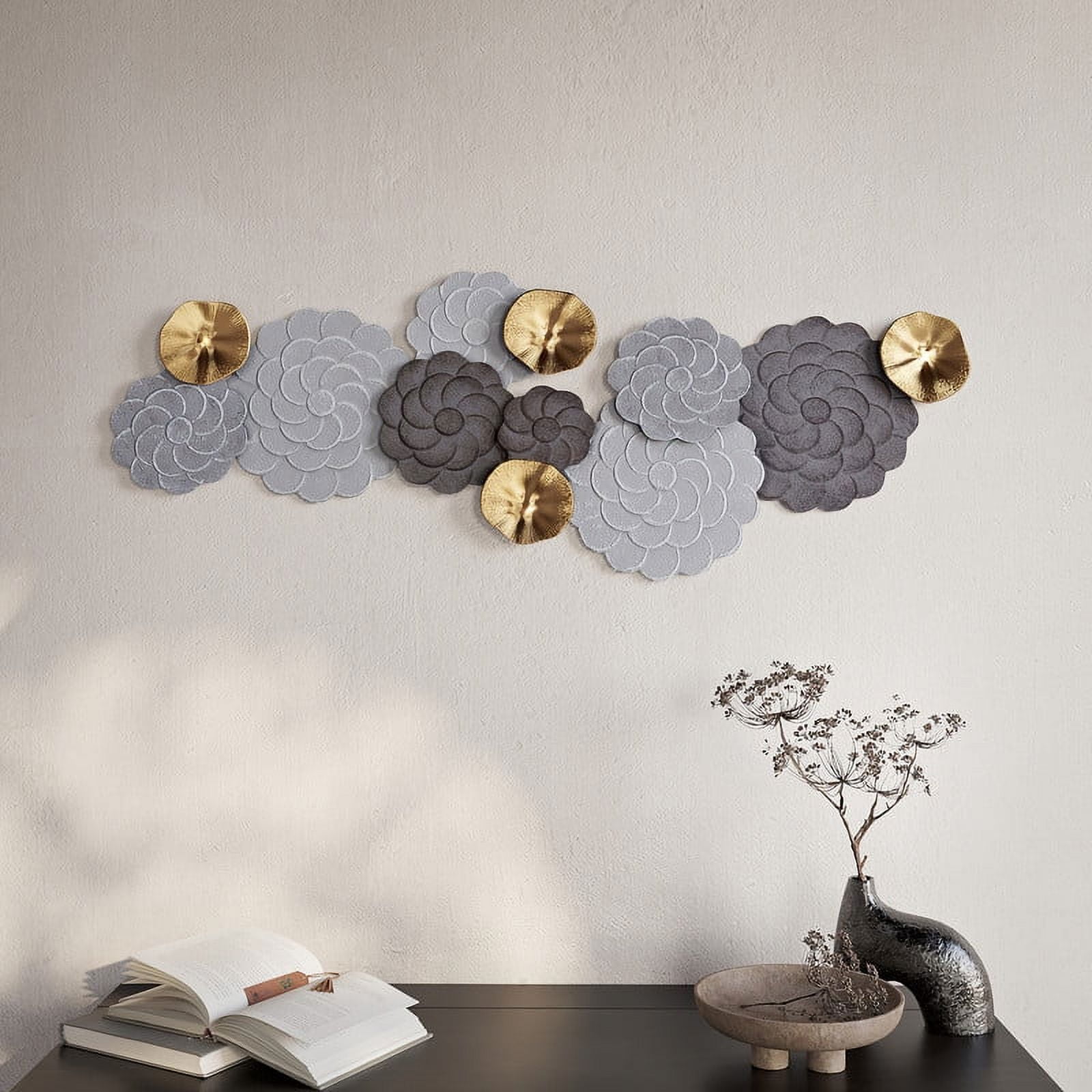Petalique Gray-Gold Abstract Floral Metal Modern Wall Art