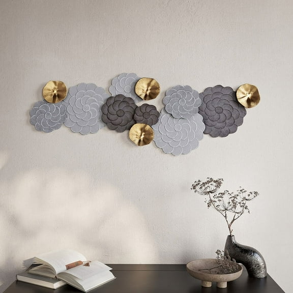 Petalique Gray-Gold Abstract Floral Metal Modern Wall Art