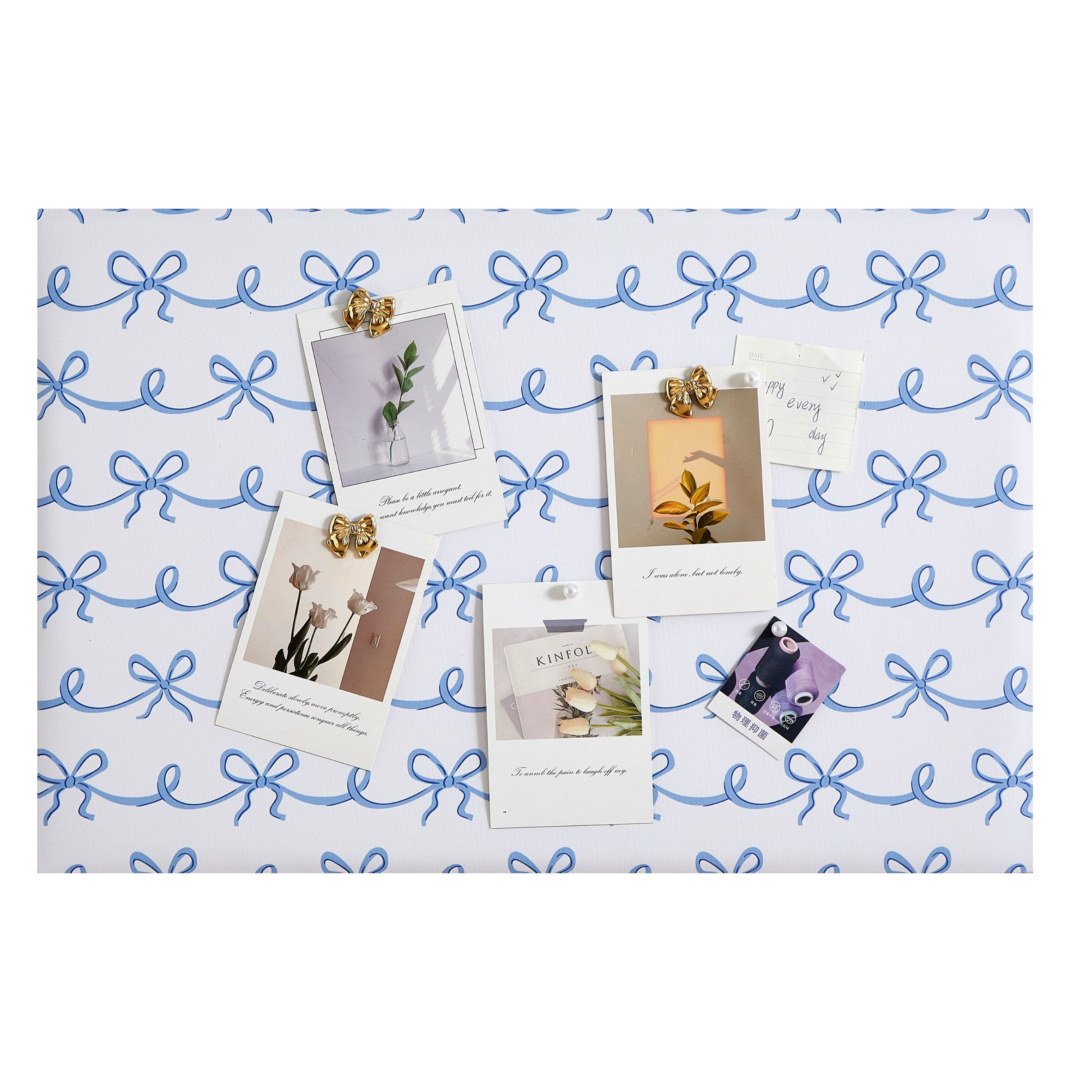 Urban Shop Dorm Bulletin Board, 24" x 16", Blue, Ribbon Print, Decorative Bow & Pearl Push Pins Included