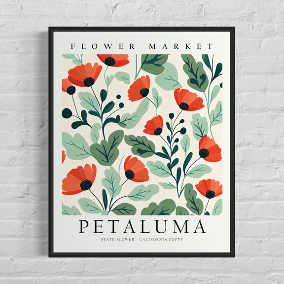 Petaluma California Flower Market Poster, California Poppy Botanical Wall Art Print