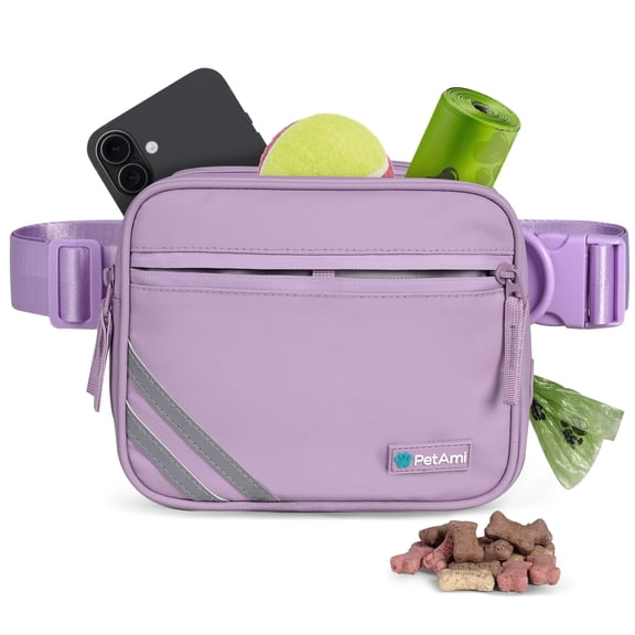 Petami Dog Treat Pouch for Walking, Training & Jogging, Hands-Free Dog Walking Bag with Adjustable Crossbody or Waist Strap, Poop Bag Dispenser, Zippered Pockets, Purple