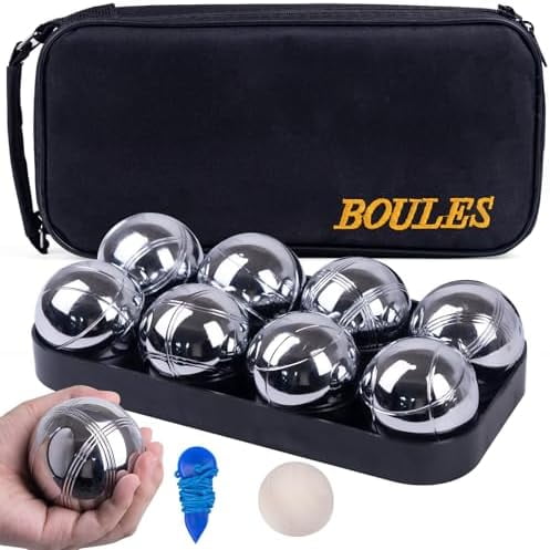 Petanque Game Set  8 Stainless Steel Balls with Carry Case, Target Ball & Measuring String, Classic Petanque Game Set for Lawn, Beach & Backyard  Outdoor Family Bocce Ball Fun$$Sport & Recreation