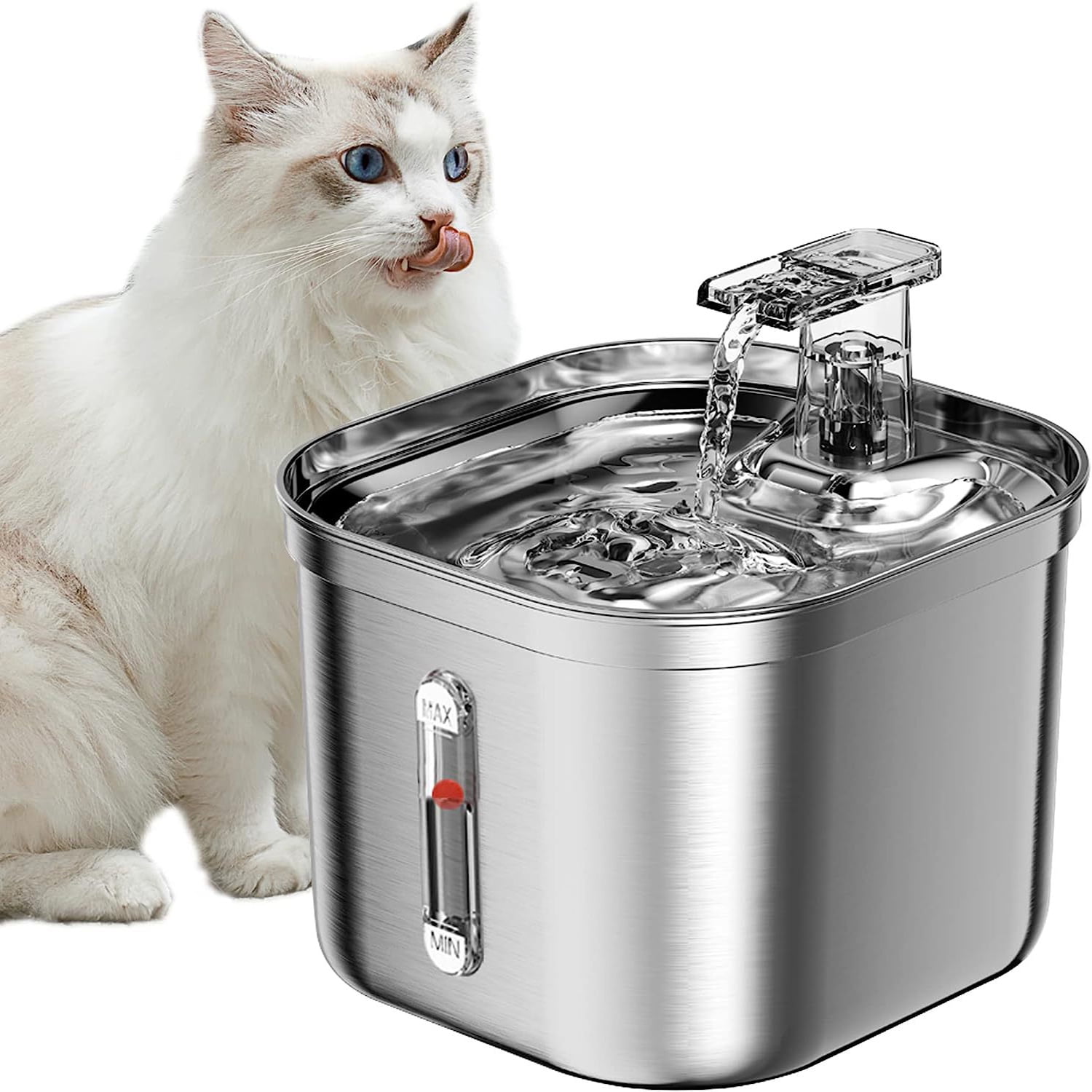 Petavista 2.2L/74oz Stainless Steel Cat Water Fountain with Water Level Window Suitable for Dogs Cats