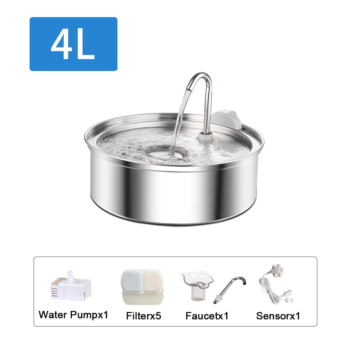 Petavista Cat Water fountain 140oz/4L Stainless Steel Cat Fountain Water dispenser for cats and dogs