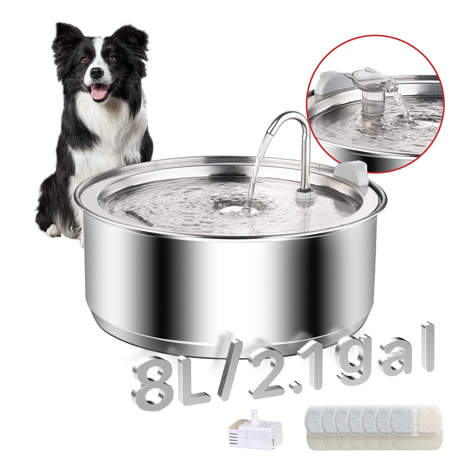 Petavista Stainless Steel Dog Water Fountain,8L/135oz Cat Water Bowl Dispenser for Large Dogs Cats