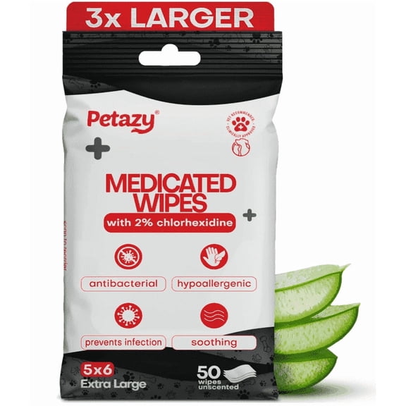 Petazy XL Medicated Dog Wipes with 2% Chlorhexidine  Cleansing Pet Wipes for Itchy Skin, Yeast-Prone Areas, Paws, Ears & Skin Folds | 50 Count
