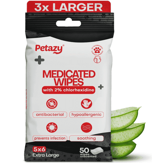 Petazy 2% Chlorhexidine Medicated Wipes for Dogs & Cats | 3X Larger XL Antifungal, Antibacterial Wipes | Yeast, Ringworm, Hot Spot, Itch & Skin Relief | 50 Count