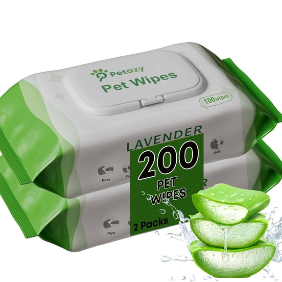 Petazy Lavender Scented Dog & Cat Wipes, 200 Count | Hypoallergenic Plant-Based Pet Grooming Wipes for Paws, Butt, Ears & Eyes | Alcohol-Free, Extra Thick Deodorizing Pet Wipes