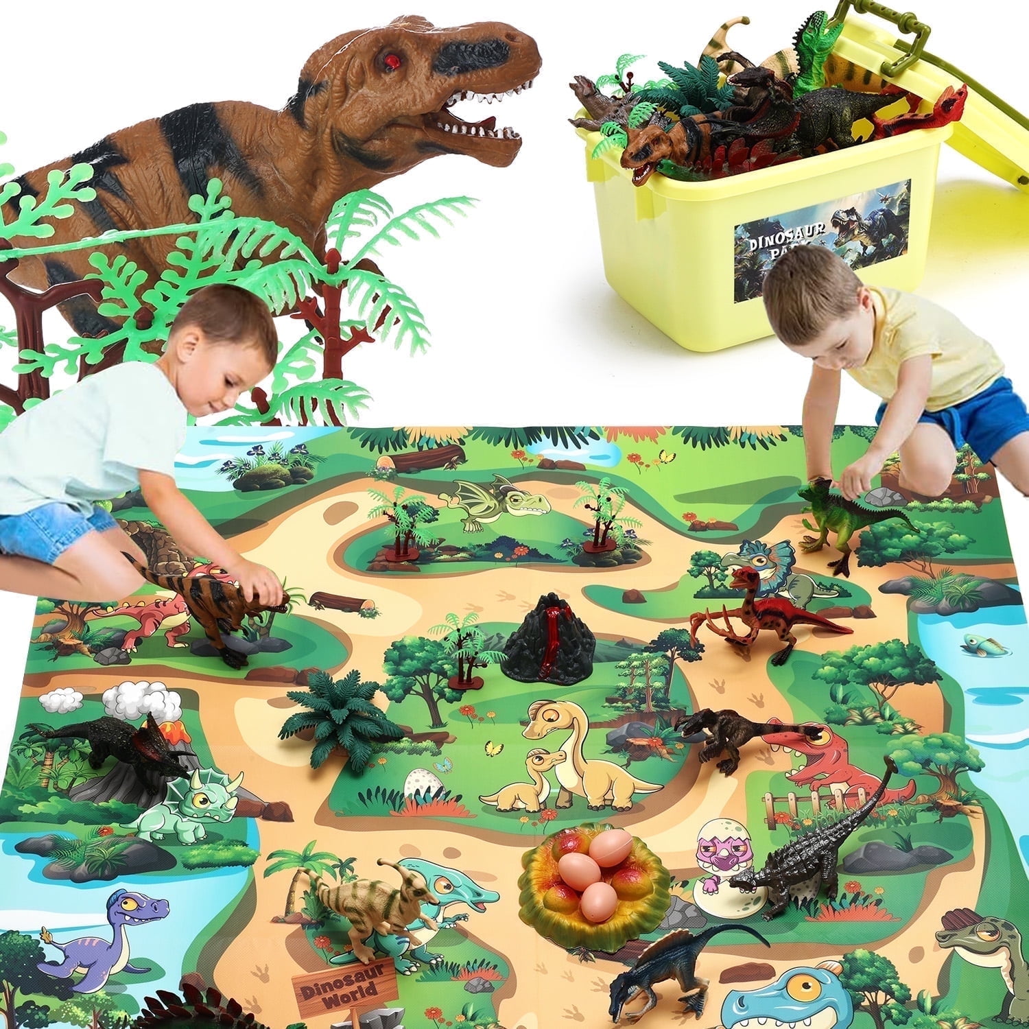 Gemeer 43PCS Dinosaur Playset, Dino Toy with 27.6" x 31.5" Activity Play Mat, Dinosaur Figures, Trees, Rocks, Gift for Kids Aged 3-10