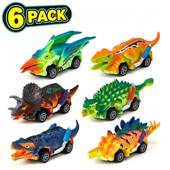 Petbank 6 Pack Dinosaur Pull Back Cars for Kids, Realistic Dinosaur Car Toys for Boys and Girls, Ages 2-5 Years