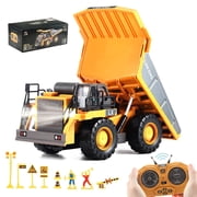 Gemeer RC Dump Truck Toy, 9-Channel Remote Control Toy with Metal Bed & Light/Sound, Rechargeable 2 Batteries, Kids Construction Vehicle Truck Toys for 3+ Boys