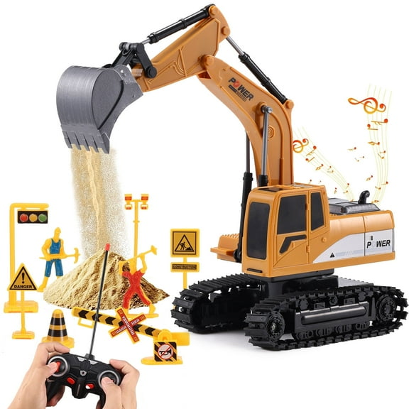 Gemeer Remote Control Excavator for Kids, 6 Channel Rechargeable RC Truck Excavator Construction Vehicle, Navvy Toys with Metal Shovel Lights Sounds for Boys Girls Gifts