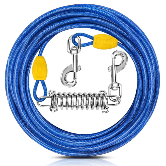 Petbobi 30ft Dog Tie Out Cable Chain for Dogs up to 120lbs Safety Steel Spring Reflective Vinyl-Covered PVC Large Dog Tether Runner Lead Leash for Outdoor Camping Ground, Blue