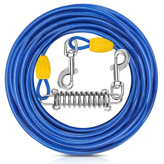Petbobi 50ft Dog Tie-Out Cable, 4mm Metal Leash with Shock Absorbing Spring & 360°Swivel Clips for Outdoor Camping/Yard, Fits Small to Large Dogs Up to 120lbs, Blue