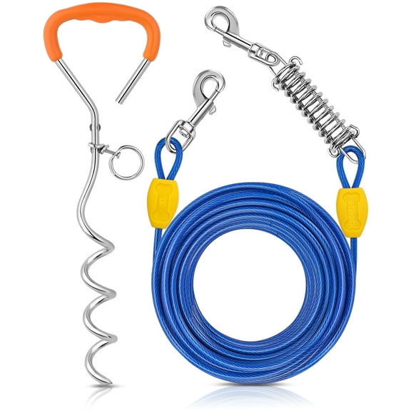 Petbobi 50ft Dog Tie Out Cable and Stake, Dog Runner Leash with Spring for Medium Large Dog up to 120lbs