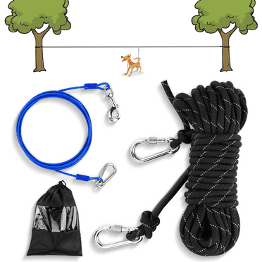 Petbobi Dog Runner for Yard Outdoor Camping 50FT W/ 9.8FT Dog Tie Out Cable Dog Lead Zipline Portable Overhead Trolley System Rust Proof Heavy, Black