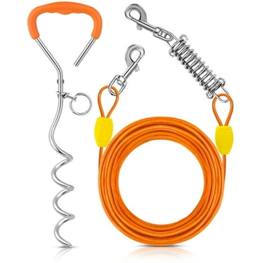 Petbobi Dog Tie Out Cable and Stake, 30ft Dog Runner for Yard Chew Proof Wire Rope for Large Dogs up to 120LBS, Orange