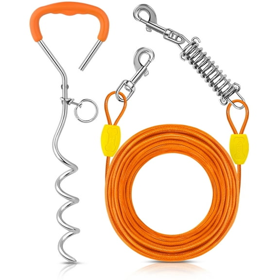 Petbobi Dog Tie Out Cable and Stake, 50ft Dog Runner for Yard Chew Proof Wire Rope for Dogs up to 120LBS, Orange