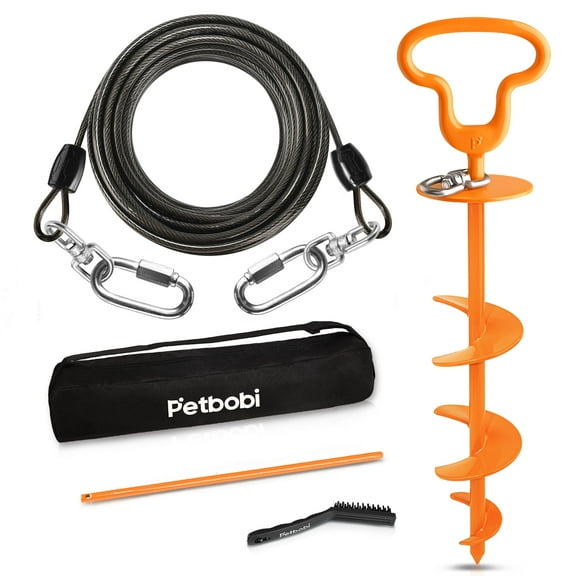 Petbobi Heavy Duty Dog Tie Out Cable and Stake with 360° Swivel Connection Ring 50ft Extra Strong Wire Cable for Large Dogs up to 300lbs, Black