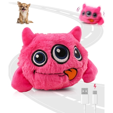 Petbobi Interactive Dog Toys USB Rechargeable Plush Monster Ball with Washable Cover, Automatic Self Moving Rolling Plush Ball with Squeaky Bouncing for Small Medium Breed Dogs, 3-Eye Pink
