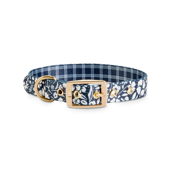 Petco Brand - Bond & Co. Black & White Floral & Plaid Reversible Dog Collar, Small, Blue