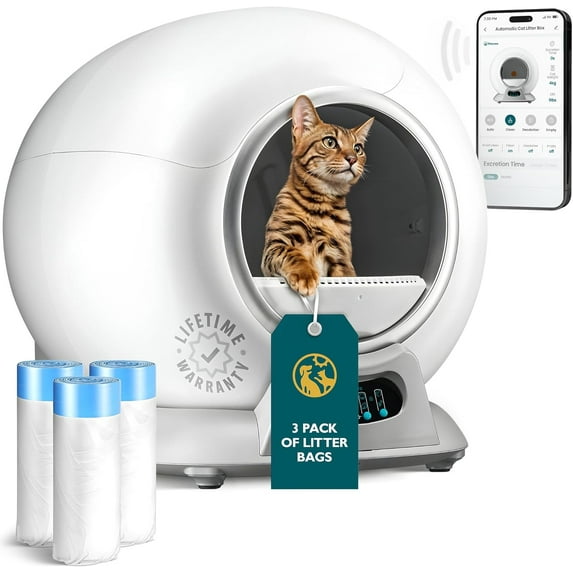 Petcove Automatic Litter Box Self Cleaning with App Control – Smart Cat Litter Box for Multiple Cats, Auto Safety Sensors, Covered Odor Control - Gray 3 bag rolls bundle