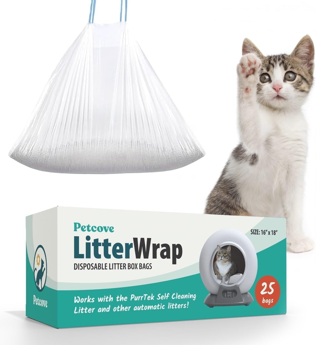 Petcove PurrTek Cat Litter Box Liners 25-Pack – Heavy-Duty Drawstring Bags for Self-Cleaning Litter Boxes | Jumbo Leak-Proof Refills, Odor Control, Unscented Cat Waste Disposal