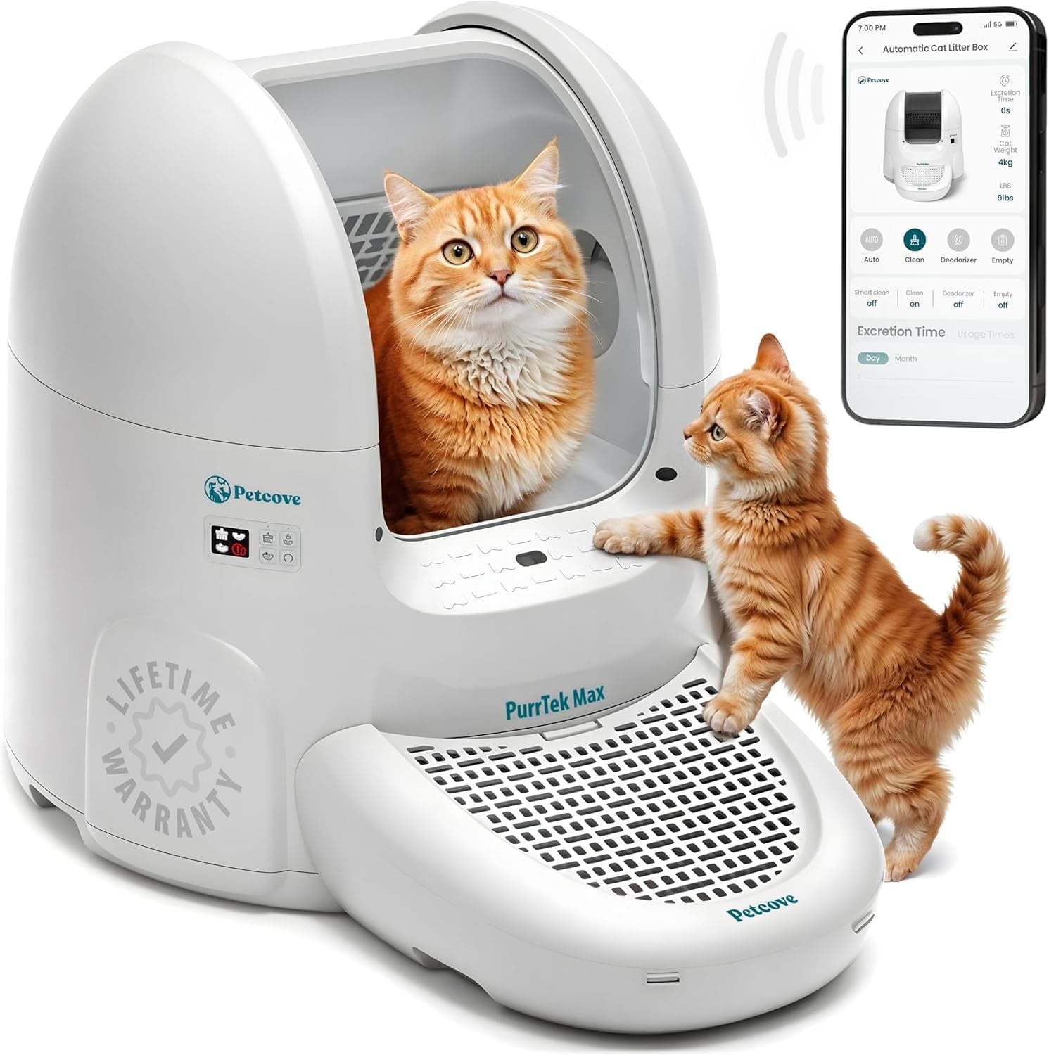 Petcove PurrTek Max Self Cleaning Cat Litter Box – XL 65L Automatic Litter Box for Multiple Cats | Ultra Quiet 30–35dB, Smart App Control, 5 Safety Sensors, Odor-Lock Bin, Ramp & 15 Bags Included