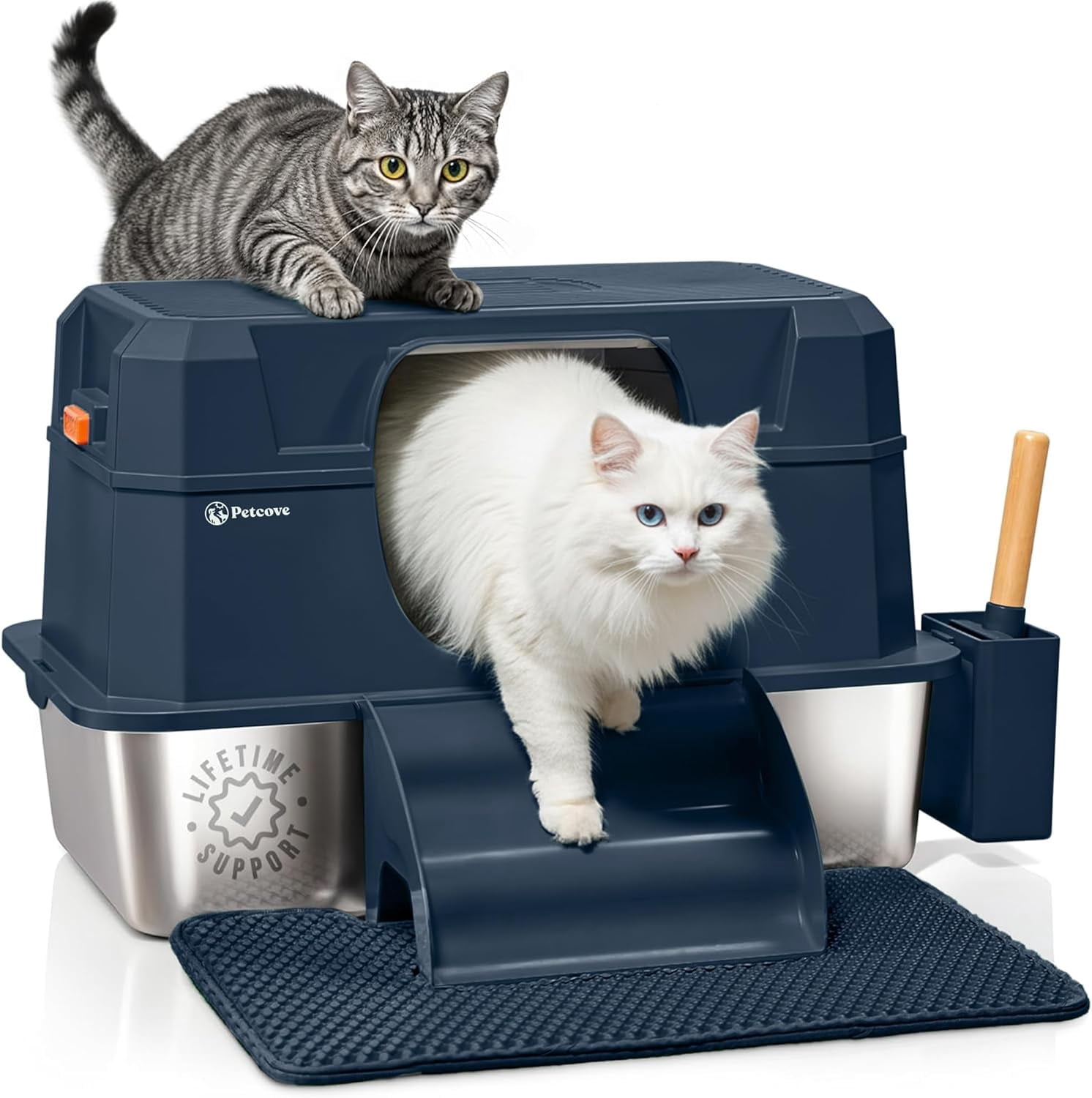 Petcove Stainless Steel Cat Litter Box XL with Lid – 3-in-1 Extra Large Covered Metal Cat Litter Box with High Wall Design & Carbon Filter – Blue