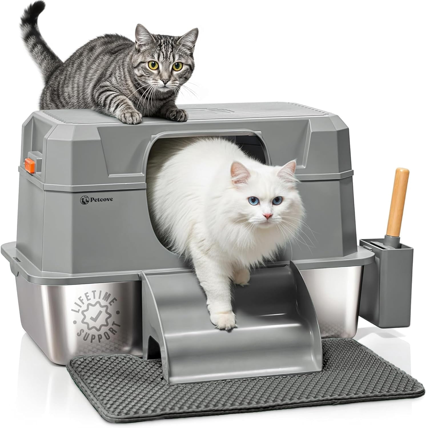 Petcove Stainless Steel Cat Litter Box XL with Lid – 3-in-1 Extra Large Covered Metal Cat Litter Box with High Wall Design & Carbon Filter – Gray